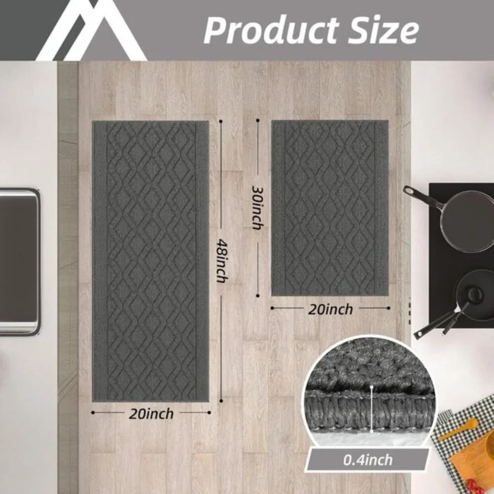 New 2-Piece Grey Kitchen Rug Set, Non-Slip Washable Mats, 48x20 & 30x20 Inches